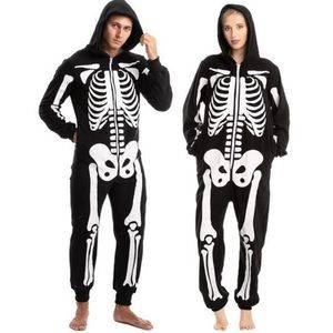 Halloween Costume One Piece Black White Skeleton Bones Skull Plush Pajama Hooded